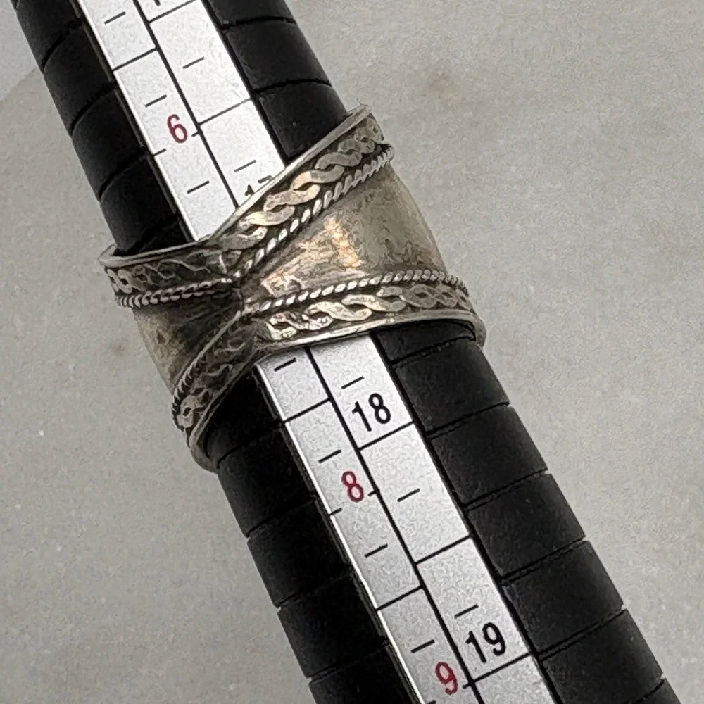Vintage Sterling Silver Hematite Wide Band Ring Size 7 Bali Boho Braided Estate